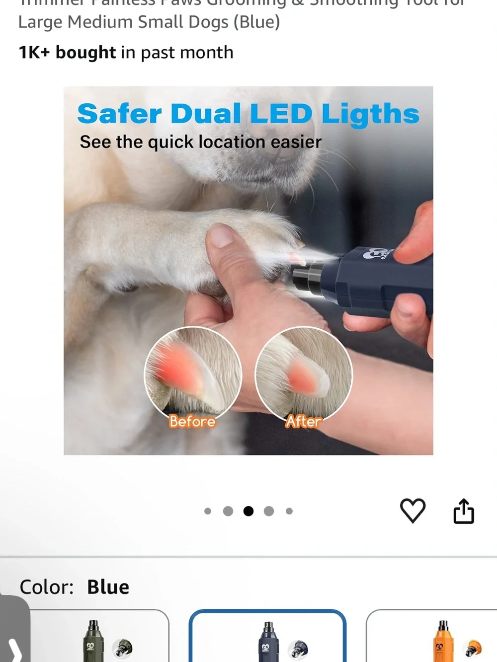 Blue Rechargeable Dog Nail Grinder – Quiet 6-Speed Pet Trimmer